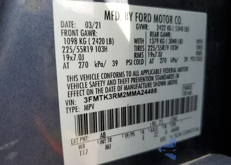 2021 Ford Mustang Mach-E Premium z USA, uszkodzony, nr VIN 3FMTK3RM2MMA24488